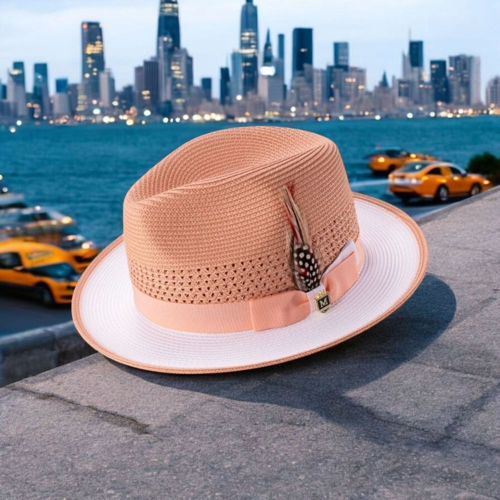MONTIQUE MENS PEACH&WHITE 2 1/2" WIDE BRIM TWO-TONE FEDORA HAT. H94